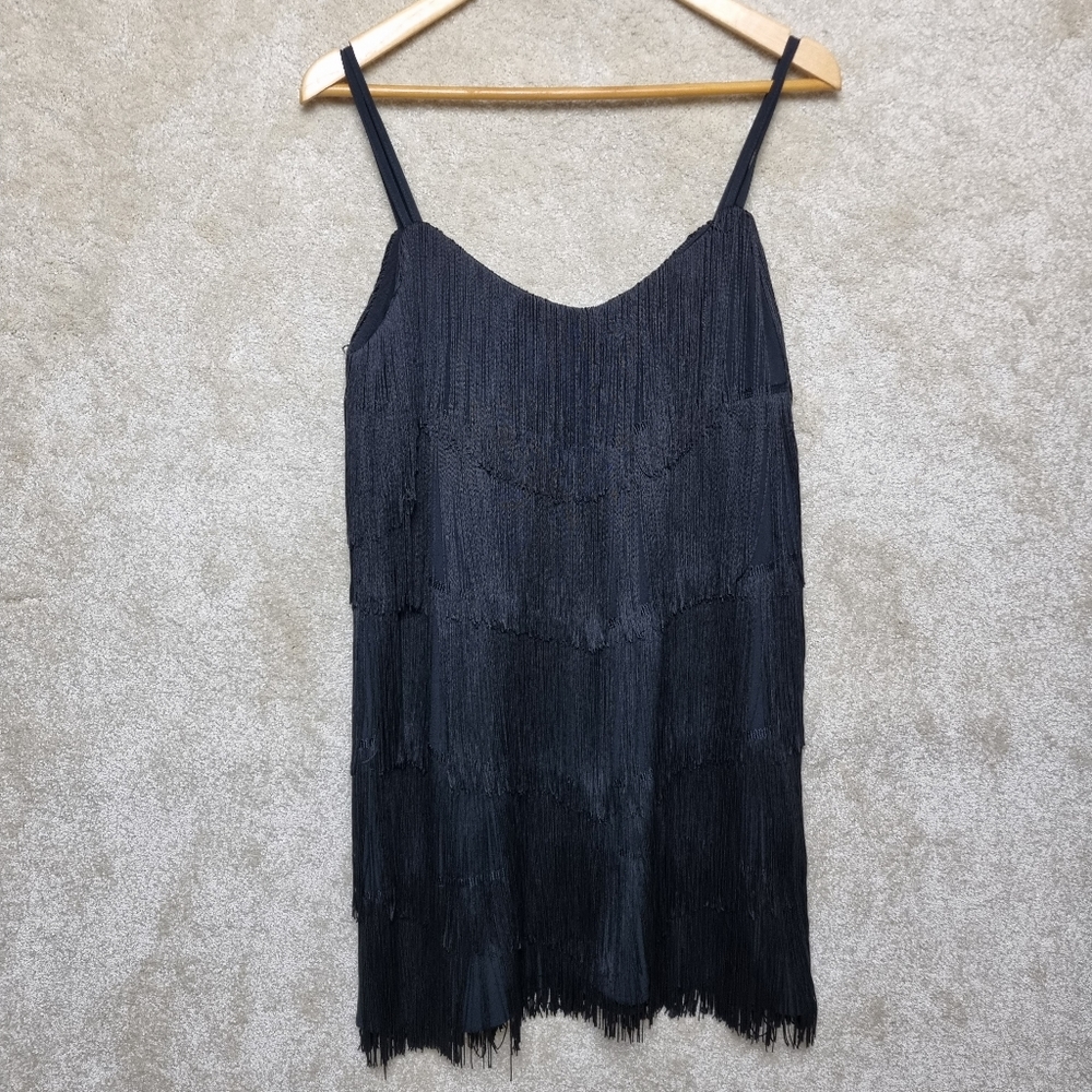 Zara Fringe Dress L 12 Flapper 1920s Black Party Fancy Dress Knee Length - Picture 1 of 10